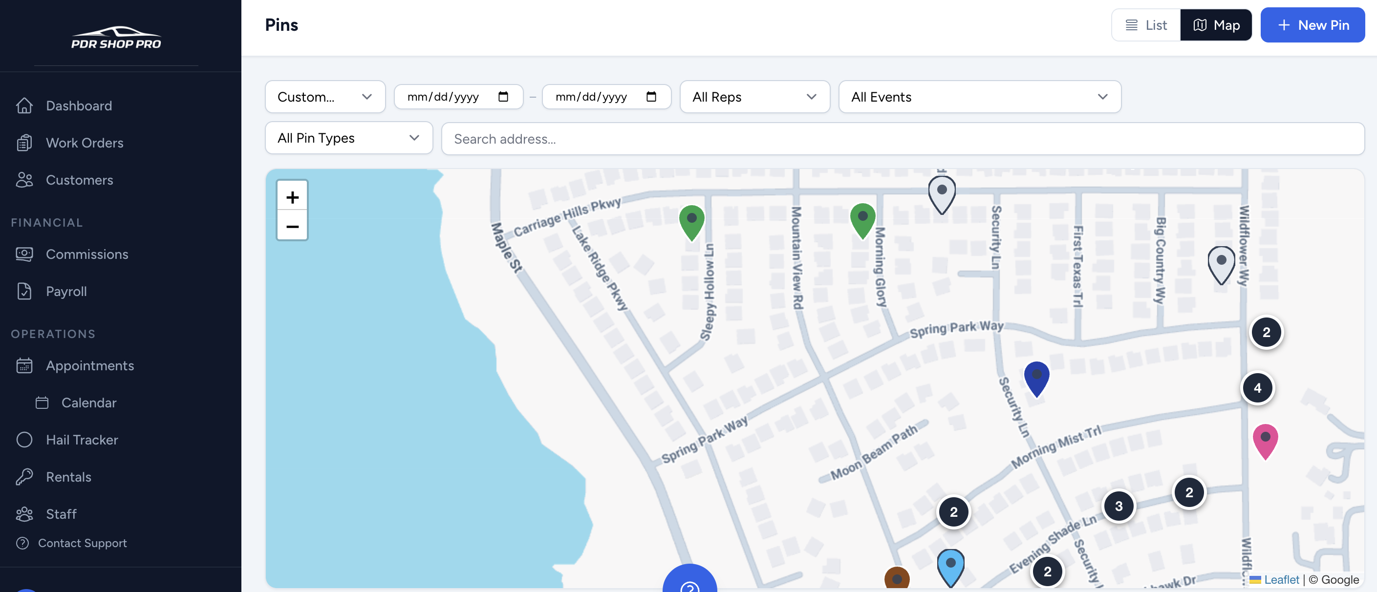 PDR Shop Pro lead pins map showing color-coded door-to-door leads on a street map
